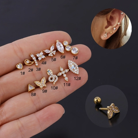 Orecchini A Lobo Per Cartilagine In Acciaio Inossidabile Zirconia Rame Gioielli Piercing A Vite Farfalla Cuore Serpente Croce Donne
