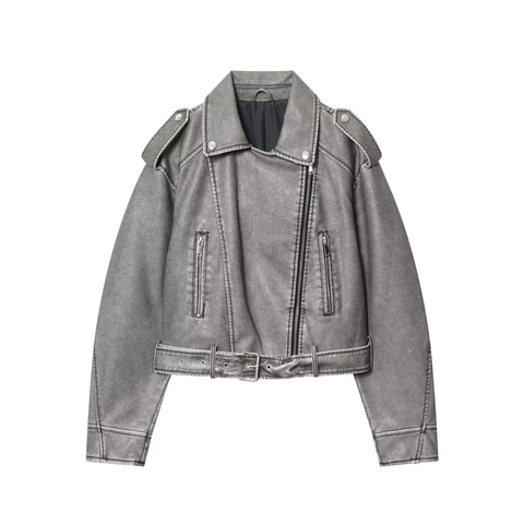 Dames Vintage Imitatieleer Moto Jas Met Riem Gewassen PU Biker Mantel Oversized Lange Mouw Revers Streetwear Bovenkleding