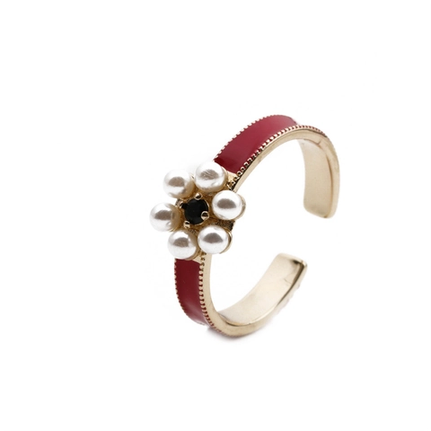 Bague Réglable Fleur En Émail Cuivre Plaqué Or Avec Künstliche Perle D'imitation Et Zircon Bijoux De Mode Pour Femmes