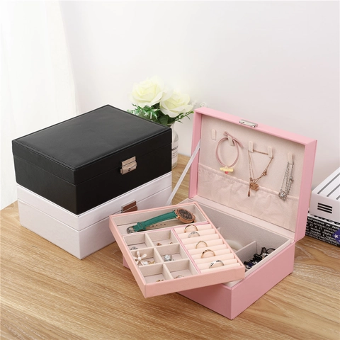 Large Capacity Double Layer PU Leather Jewelry Organizer Box With Lock For Rings Earrings Necklaces Storage Case Women Gift