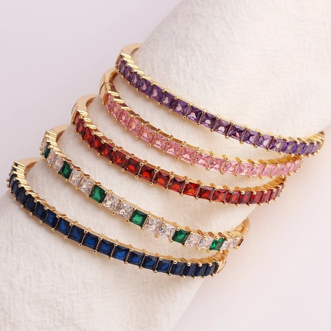 Luxury Square Zircon Bangle Copper 18K Gold Plated Hinge Opening Rainbow Colorful Stones Elegant Jewelry For Women