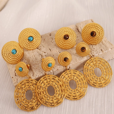 Vintage Runde Geflochtene Textur Ohrringe Gold Überzogener Edelstahl Mit Türkis Und Tigerauge Stein Retro Boho Stil