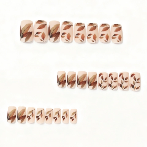 Autumn Leaf Pattern Press On Nails Matte Nude ABS Medium Square Full Cover Artificial Fingernails