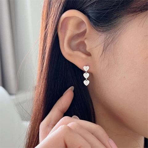 Pendientes Colgantes De Triple Corazón Plata De Ley 925 Texturizado Dulce Elegante Estilo Coreano Joyas Para Mujer