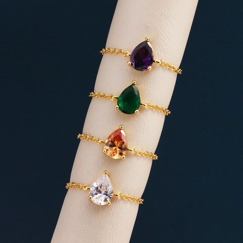 Anillo A Catena Regolabile Zirconia Taglio Pero Rame Placcato Oro 18K Gioielli Eleganti Da Donna Ciondolo A Cuore