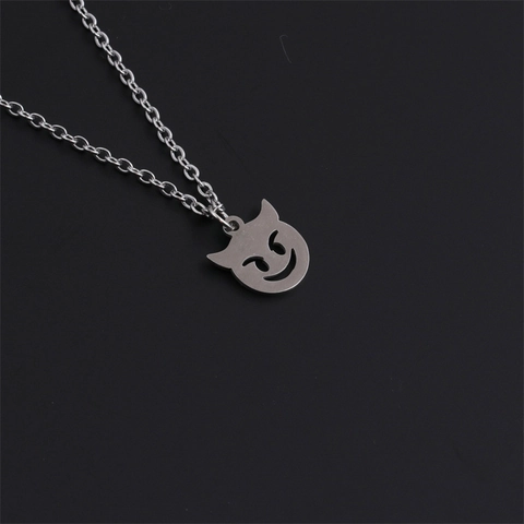 Polished Laser Cut Stainless Steel Devil Cat Pendant Necklace O-Chain Silver Color Halloween Gothic Punk Emoji Gift