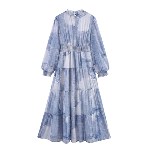 Maxikleid Damen Chiffon Stehkragen Langarm Smok Taille Patchwork Druck Tie Dye Elegant Urlaub Fließendes Maxikleid