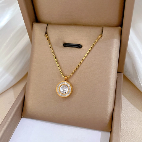 Collier Pendentif Halo Circulaire Minimaliste Acier Titane Zircone Plaqué Or Pour Femmes