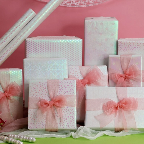 Rollos De Papel De Regalo Holográfico Con Purpurina Rosa Láser Perla Artificialdo Patrón Corazón Estrella Para Cumpleaños Fiesta