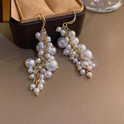French Retro Artificial Pearl Tassel Drop Earrings Long Cluster Elegant Alloy Jewelry With 925 Sterling Silver Earring Post Women