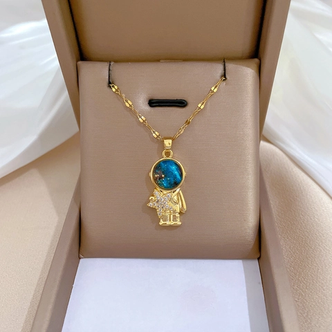 Collana Pendente Astronauta Catena Acciaio Inossidabile Stella Rame Strass Blu Spazio Gioielli Moda