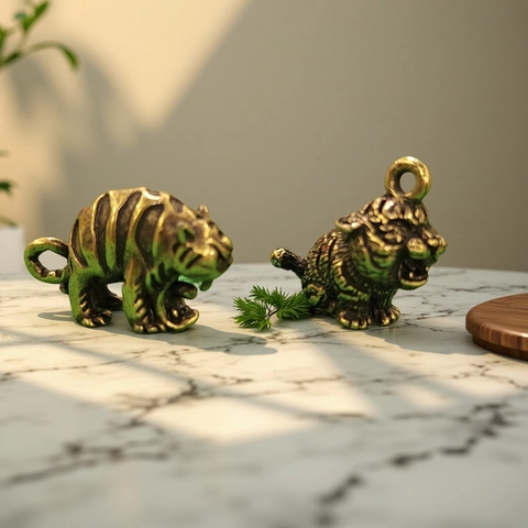 Portachiavi Pendente Tigre Ottone Mini Statuetta Vintage Segno Zodiacale Animale Decorazione Da Appendere