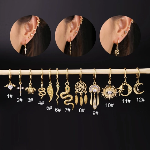 Orecchini A Cerchio Huggie In Rame Placcati Oro Con Pendenti Serpente Croce Cuore Stella Zircone Gioielli Moda Donna