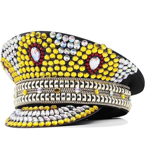 Cappello Militare Da Capitano Con Strass Per Donne Scintillante Borchiato Festa Performance Rave Festival Flat Top