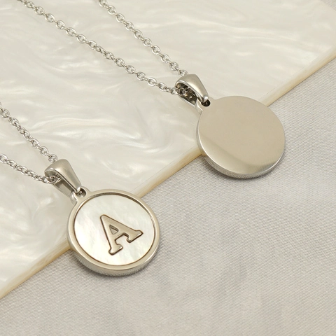 Initial Letter Necklace Stainless Steel Mother Of Artificial Pearl Round Pendant Minimalist Alphabet Jewelry For Women