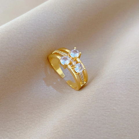 Anello Regolabile In Ottone Con Placcatura In Oro Reale Design A Corona A Tre Strati Intarsiato Con Zirconi Cubici Lusso Per Donne