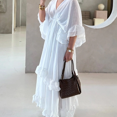 Abito Lungo Donna Stile Francese Scollo A V Manica Con Volant Orlo A Balze Vita Alta Tinta Unita Elegante Mare Poliestere