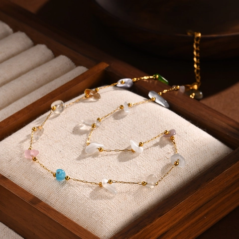 Stainless Steel Chain Necklace For Women Gold Plated With Irregular Multicolored Natural Crushed Stones Fashion Jewelry