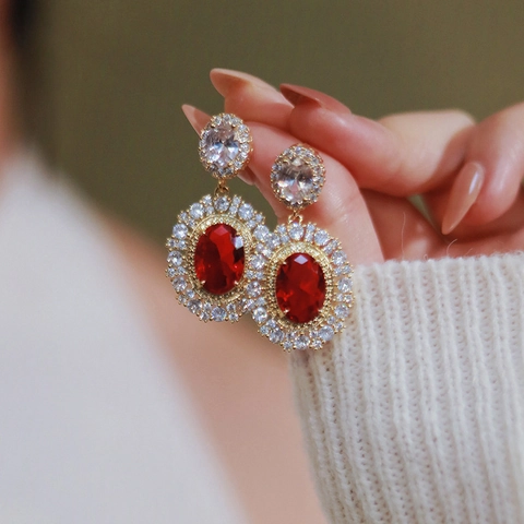Vintage French Court Style Copper Red Gemstone Stud Earrings Gold Plated Zirconia Inlaid Elegant Wedding Party Women Jewelry
