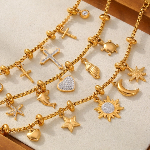 Bracciale Con Charm Acciaio Al Titanio Placcato Oro 18K Strass Croce Celeste Marino Pendenti Gioielli Regolabili Per Donne
