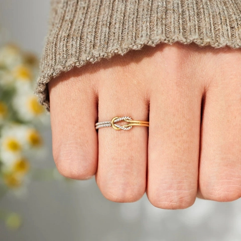 Anillo De Nudo De Plata De Ley 925 Bicolor Textura De Cuerda Trenzada Joyería De Moda Minimalista Para Mujer