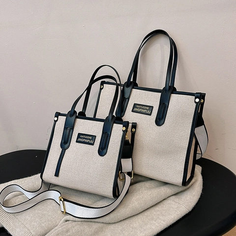 Damen Kontrastfarbe Tote Bag Leinwand PU Leder Umhängetasche Große Kapazität Koreanischer Stil Casual Handtasche