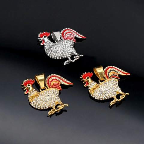 Hip Hop Titanium Steel Gold Plated Enamel Rooster Pendant Necklace Rhinestone Animal Portrait Unisex Fashion Jewelry Accessory