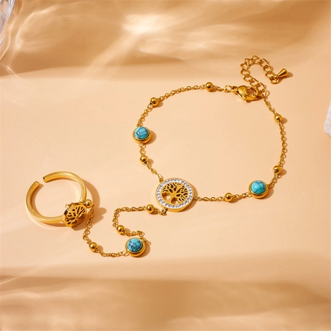Verguld Roestvrij Staal Levensboom Slaaf Armband Voor Vrouwen Boheems Kunstmatige Turkoois Strass Schakel Ring Hand Ketting