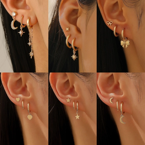 Copper Zircon Earrings 14k Gold Earring Post Star Moon Butterfly Heart Flower Sparkling Studs Huggie Hoops Jewelry Women