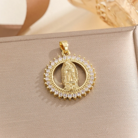 French Vintage Religious Relief Round Pendant Necklace For Women Gold Plated Copper Zirconia Stacking Thin Chain Jewelry Gift