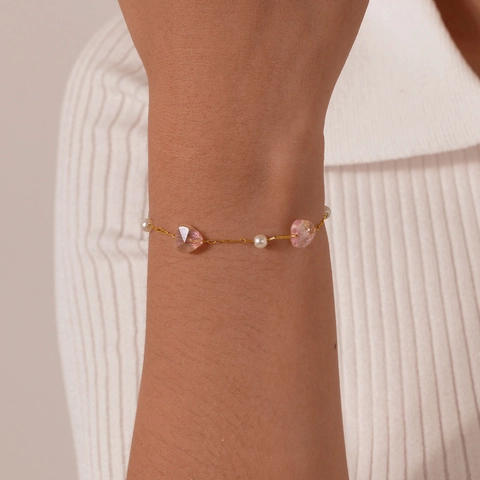 Gold Plated Stainless Steel Pink Heart Butterfly Artificial Pearl Bracelet For Kids Women Adjustable Fashion Jewelry Gift