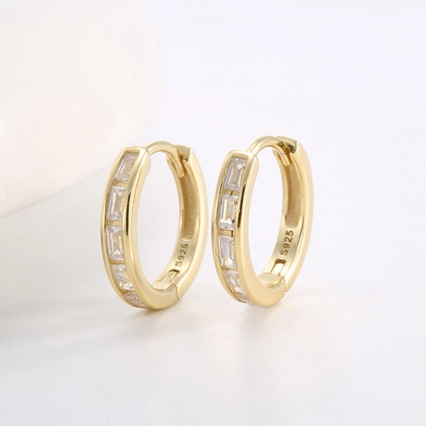 Boucles d'Oreilles Anneaux en Argent Sterling S925 Avec Zirconia Carré pour Femmes Huggies Géométriques Plaqué Or 14K
