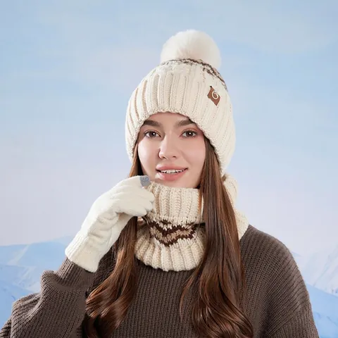 Winter Strickmütze Schal Und Handschuhe Fleece Gefüttert Touchscreen Warm Outdoor Accessoires Für Damen Mit Bommel