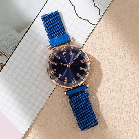 Women Fashion Quartz Watch With Milanese Metal Mesh Band Magnetic Buckle Roman Numeral Dial Rhinestone Elegant Ladies Wristwatch Jewelry