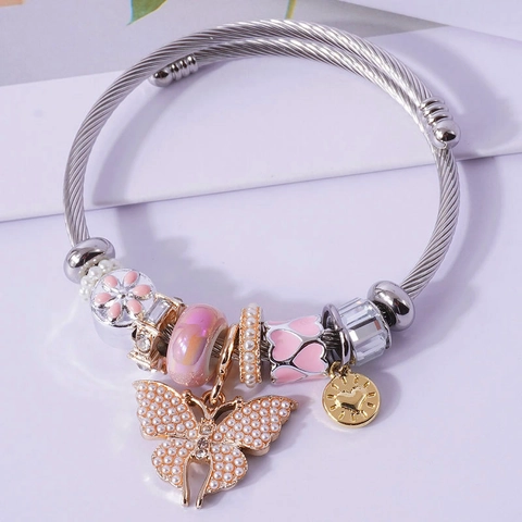 Bracciale Con Ciondoli Da Donna Bracciale Rigido In Acciaio Inossidabile Con Pendenti A Farfalla Cuore Strass Smalto