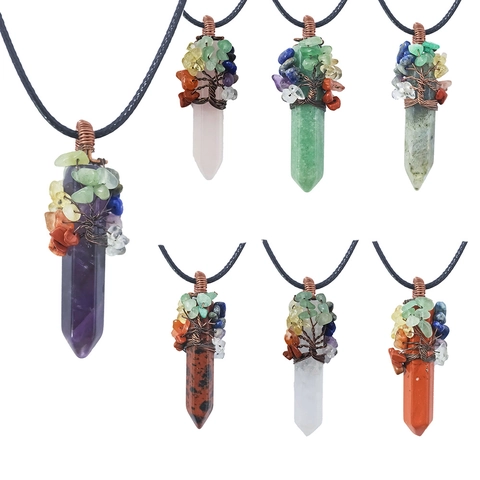 Tree Of Life Crystal Hexagonal Column Pendant Necklace Natural Gemstone Wire Wrapped Healing Jewelry For Women Men