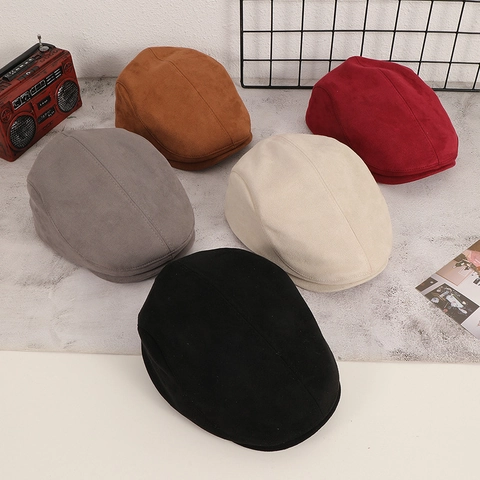 Vintage Suede Newsboy Cap British Style Retro Beret Flat Duckbill Hat For Men Women Windproof Warm Adjustable Solid Color