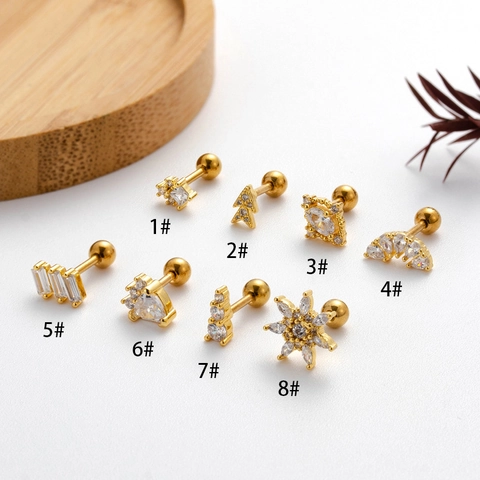 Helix Cartilage Stud Earrings Stainless Steel Copper Zircon Heart Star Leaf Piercing Jewelry For Women Fashion