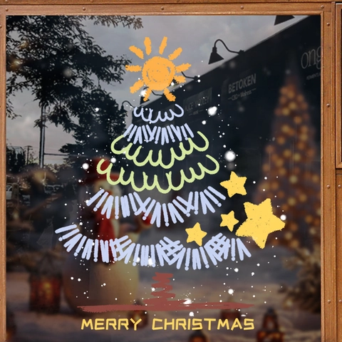Christmas Tree Window Sticker PVC Static Adsorption Hand Drawn Style Merry Christmas Glass Decoration