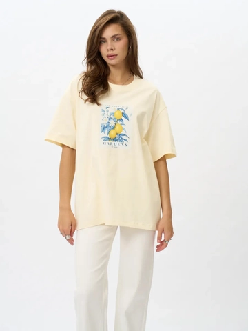 Damen T-Shirt Aus Reiner Baumwolle Mit Zitronen Blumendruck Botanischer Garten Rom Lockerer Ausschnitt Kurzarm Sommertop