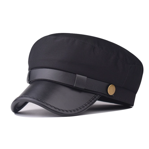 Women Vintage Newsboy Cap Cotton Polyester Blend Flat Top Hat With PU Leather Brim And Metal Button Detail