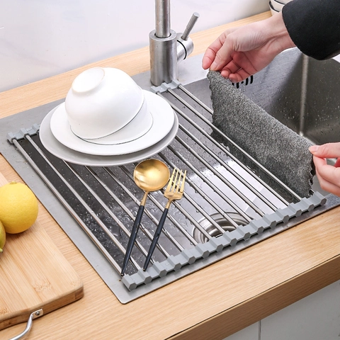 Roll Up Dish Drying Rack Over Sink Stainless Steel Foldable Drainer With Silicone Edge Kitchen Storage Space Saving