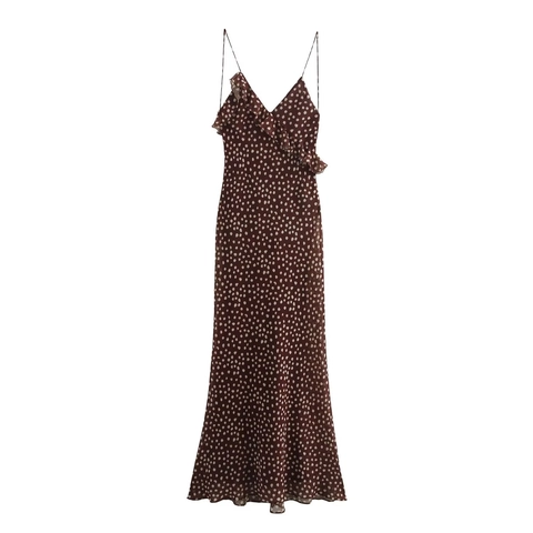 Polka Dot Camisole Maxi Dress Sexy V Neck Ruffle Trim Backless Chiffon High Waist Elegant Long Party For Women