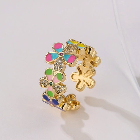 Anello Aperto In Smalto A Fiori Rame Placcato Oro Irregolare Geometrico Regolabile Gioielli Da Dito Per Donna Con Zircone