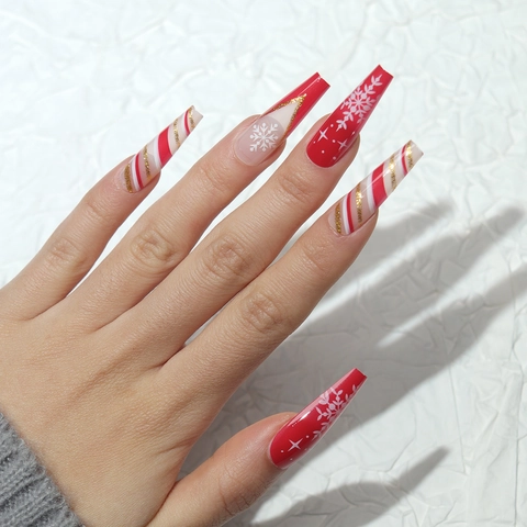 Uñas Postizas De Navidad Coffin Largas Copos De Nieve Rojas Blancas Estilo Francés Para Mujeres Vacaciones Invierno