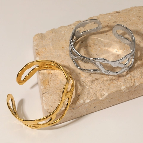 Bracelet Jonc Ouvert En Acier Inoxydable Lave Irrégulière Métal Liquide Vague Creuse Bijoux Punk Pour Femmes