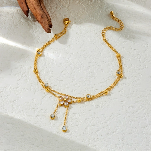 Elegante Doppellagige Blumen Fußkette Edelstahl Vergoldet Zirkon Quaste Fußschmuck Für Damen