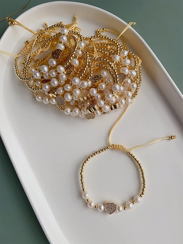 Freshwater Pearl Bracelet With 18K Gold Plated Beads Rhinestone Star Moon Heart Pendant Adjustable Cord For Women