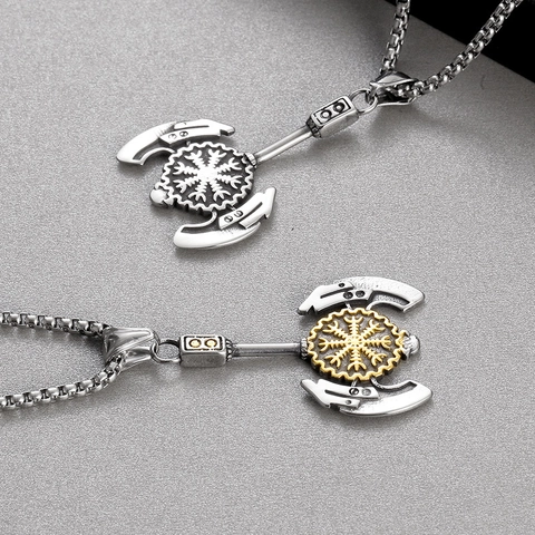 Collier Pendentif Hache Viking Pour Homme Acier Inoxydable Mythologie Nordique Boussole Vegvisir Rune Bijoux Retro Punk
