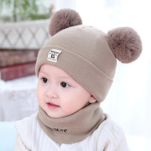 Infant Baby Winter Warm Knit Hat And Scarf Cartoon Double Pompom Beanie For Boys Girls Neck Warmer Daily Outfit